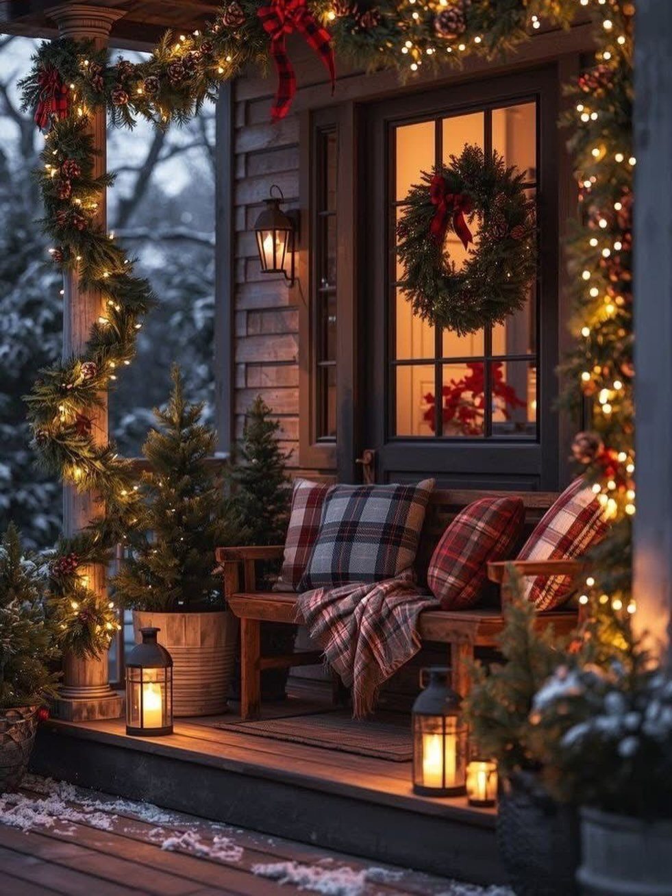 Christmas decorated porch with warm lights, evergreen garlands, and a plaid bench.