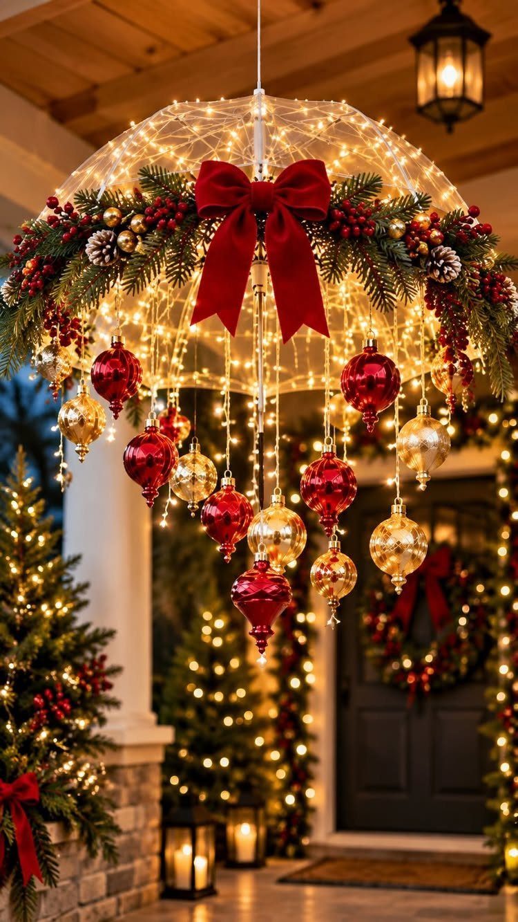 Hanging umbrella decorated with Christmas lights, red bow, and ornaments on a porch