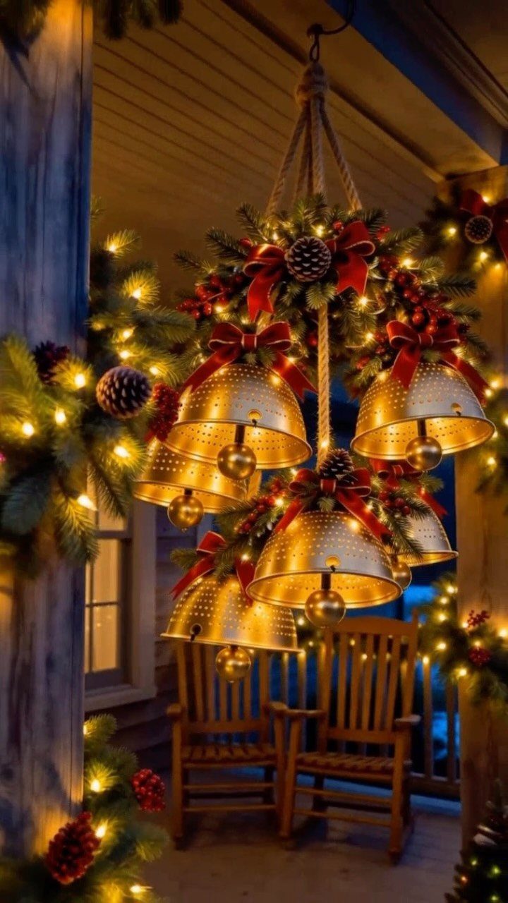 Gold Christmas bells with red ribbons hanging on a decorated porch with lights