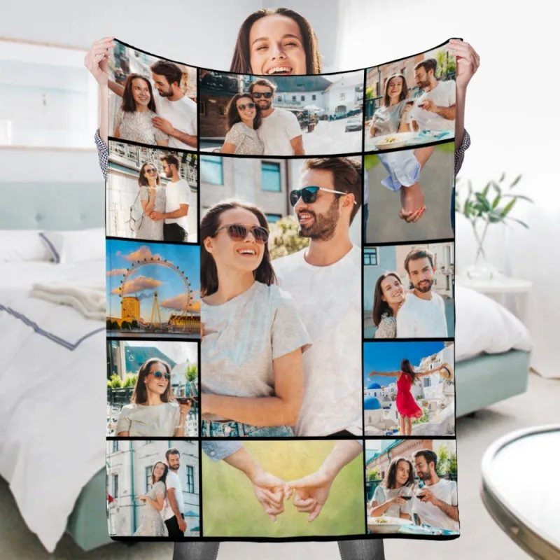 Woman holding a customized photo blanket featuring a collage of couple photos.