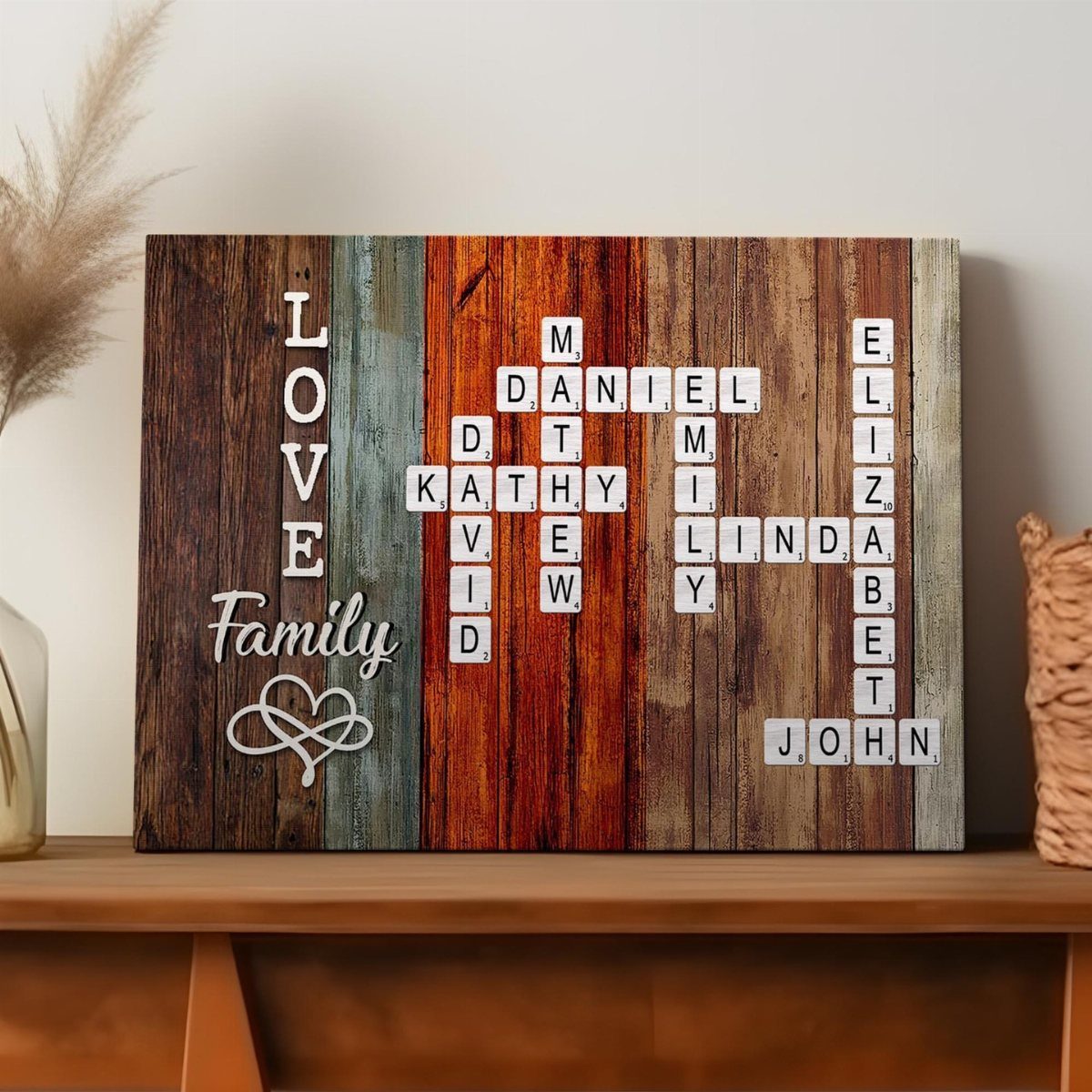 Wooden family crossword puzzle sign with names on multicolored rustic planks.