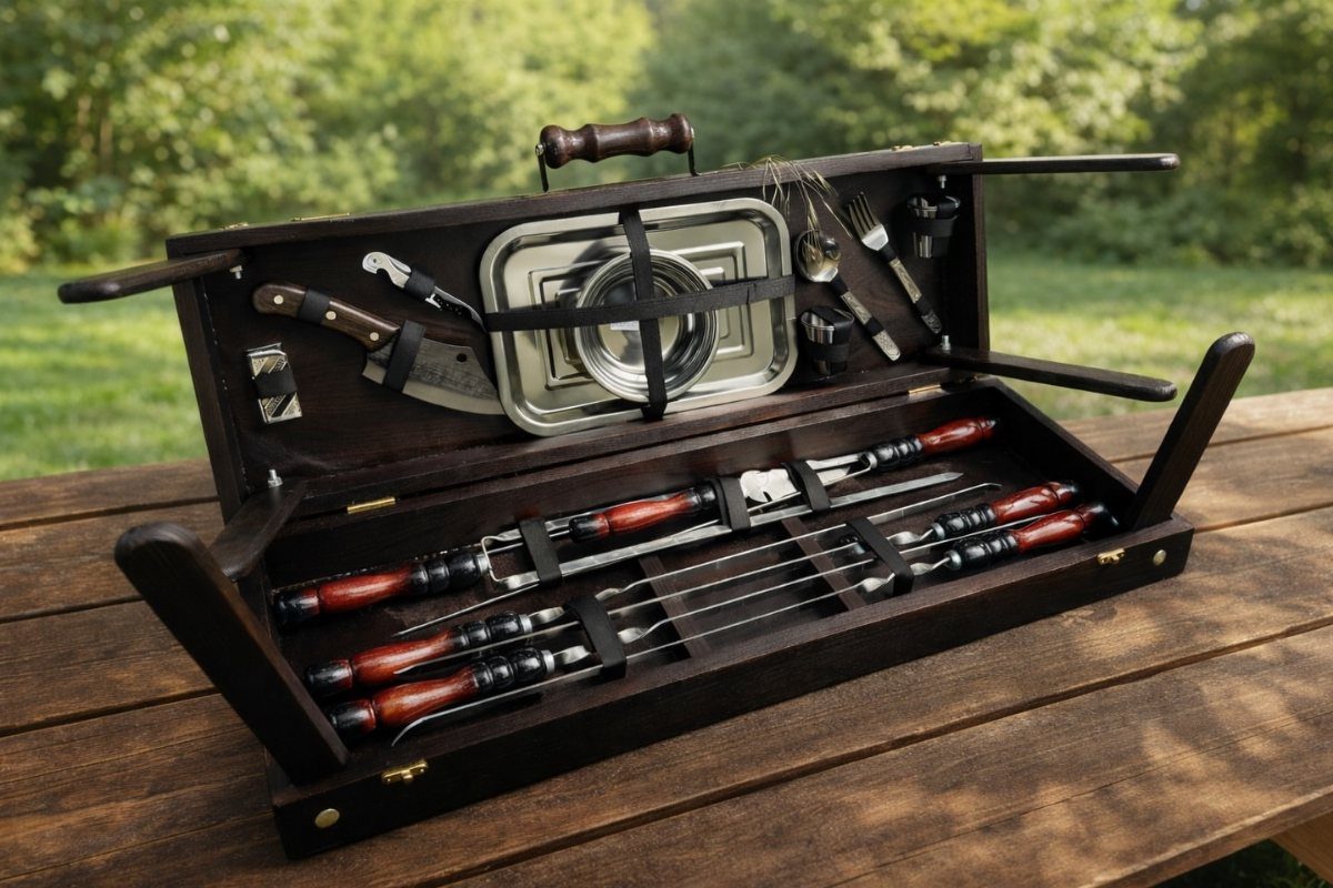 BBQ tool set in a dark wooden chest on an outdoor table.