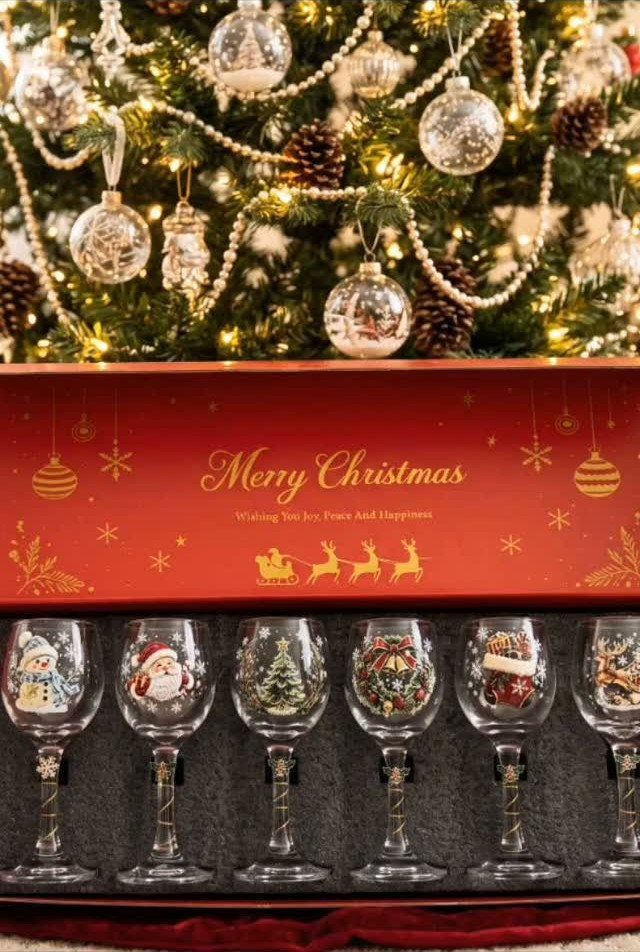 Christmas wine glass set in a red box before a decorated holiday tree
