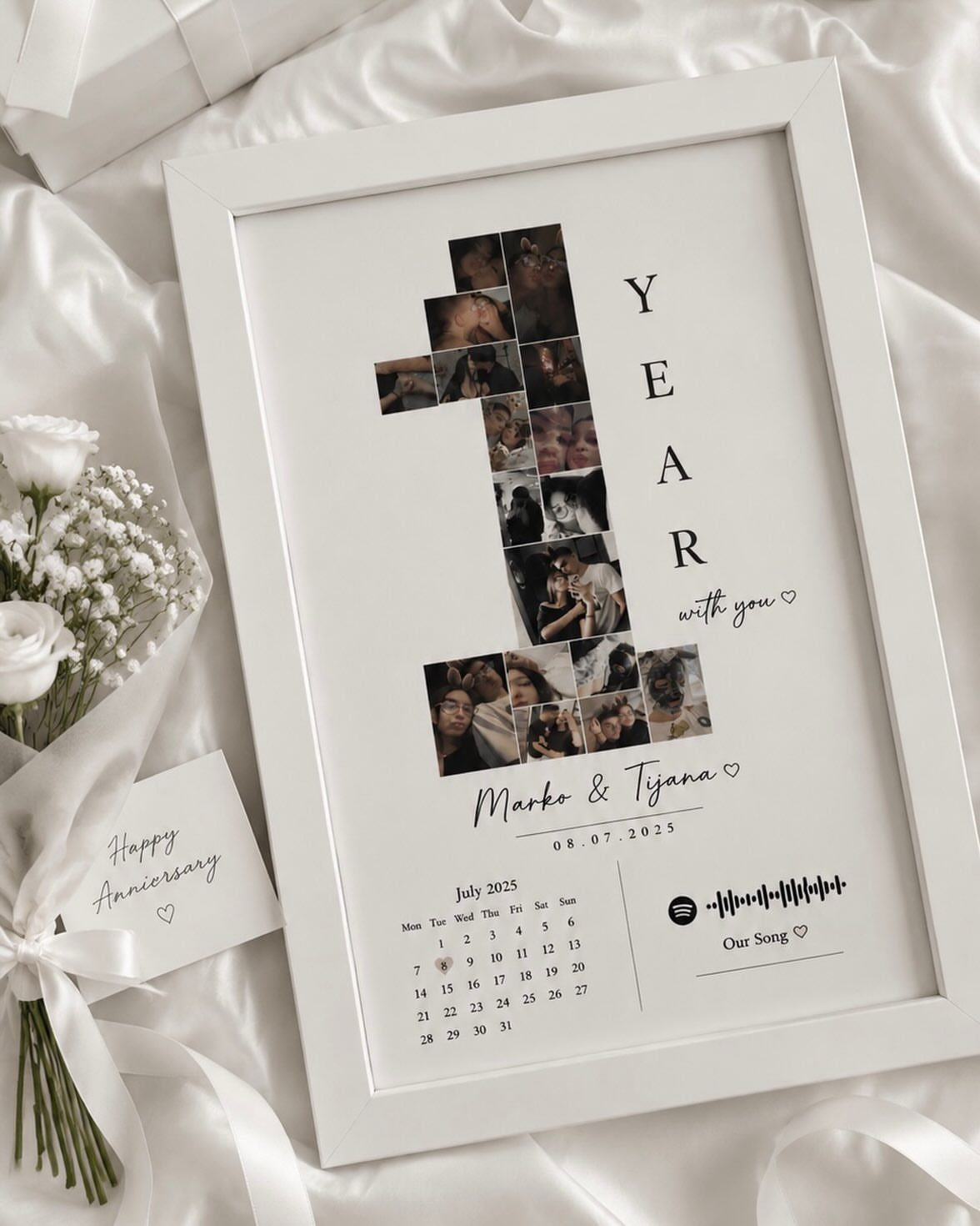 Personalized anniversary frame with photo collage, calendar, and a song waveform on satin.