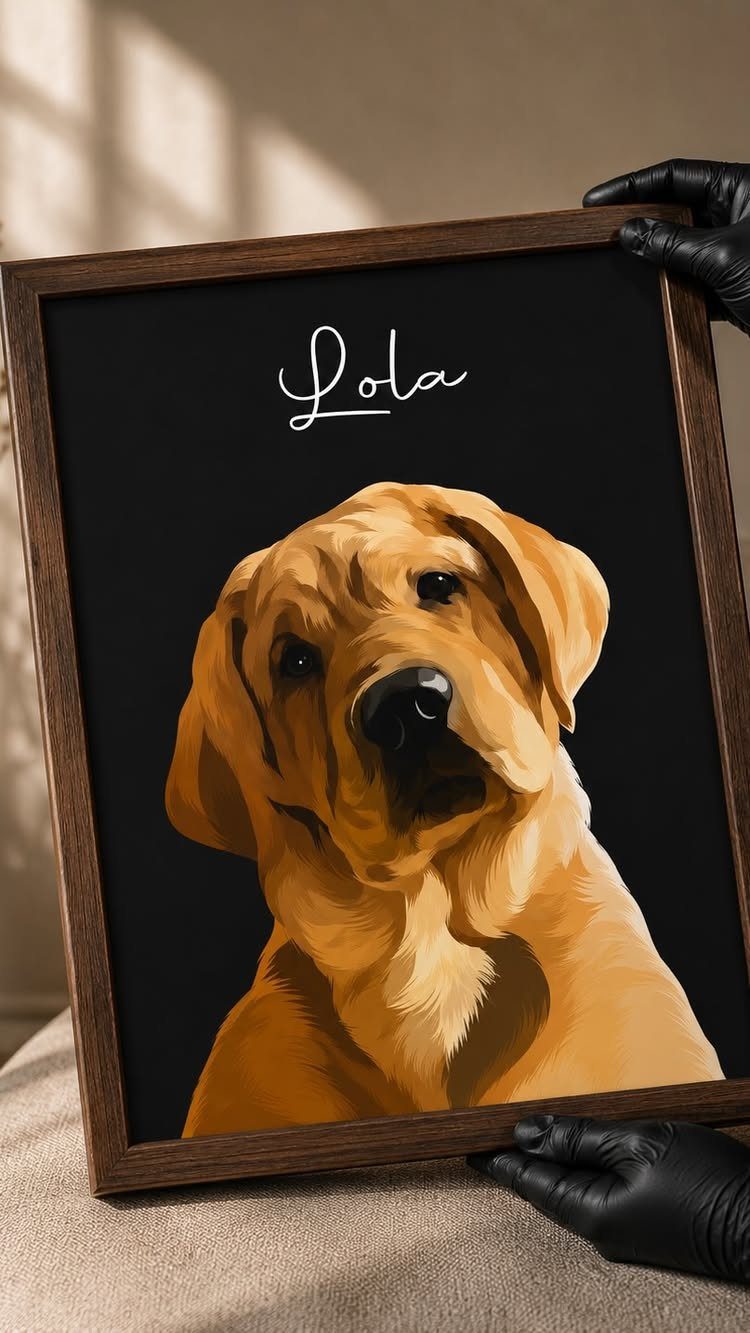 Framed digital portrait of a golden retriever named Lola held by gloved hands.