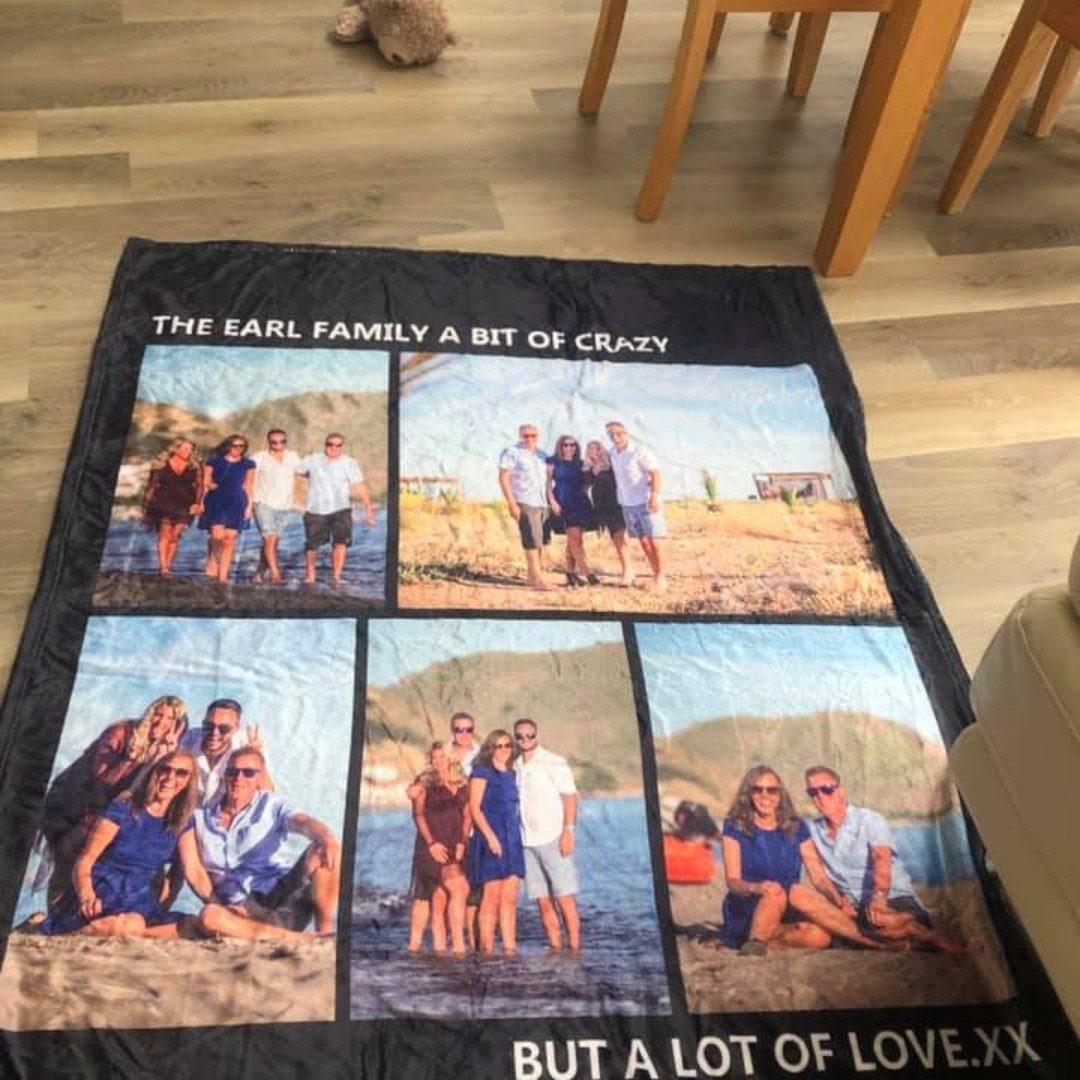Customized black fleece blanket with family beach photos and sentimental white text.