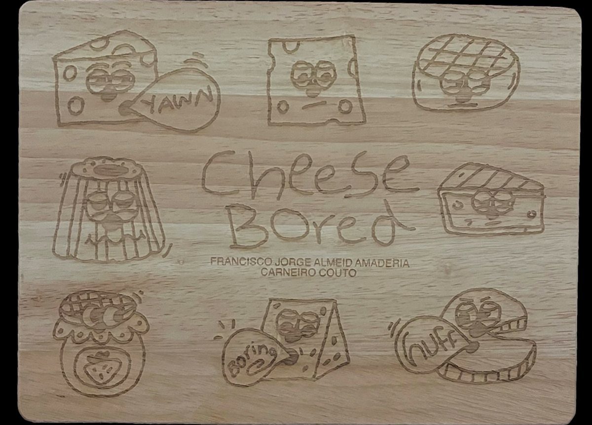Wooden cutting board engraved with bored cartoon cheese characters and text Cheese Bored