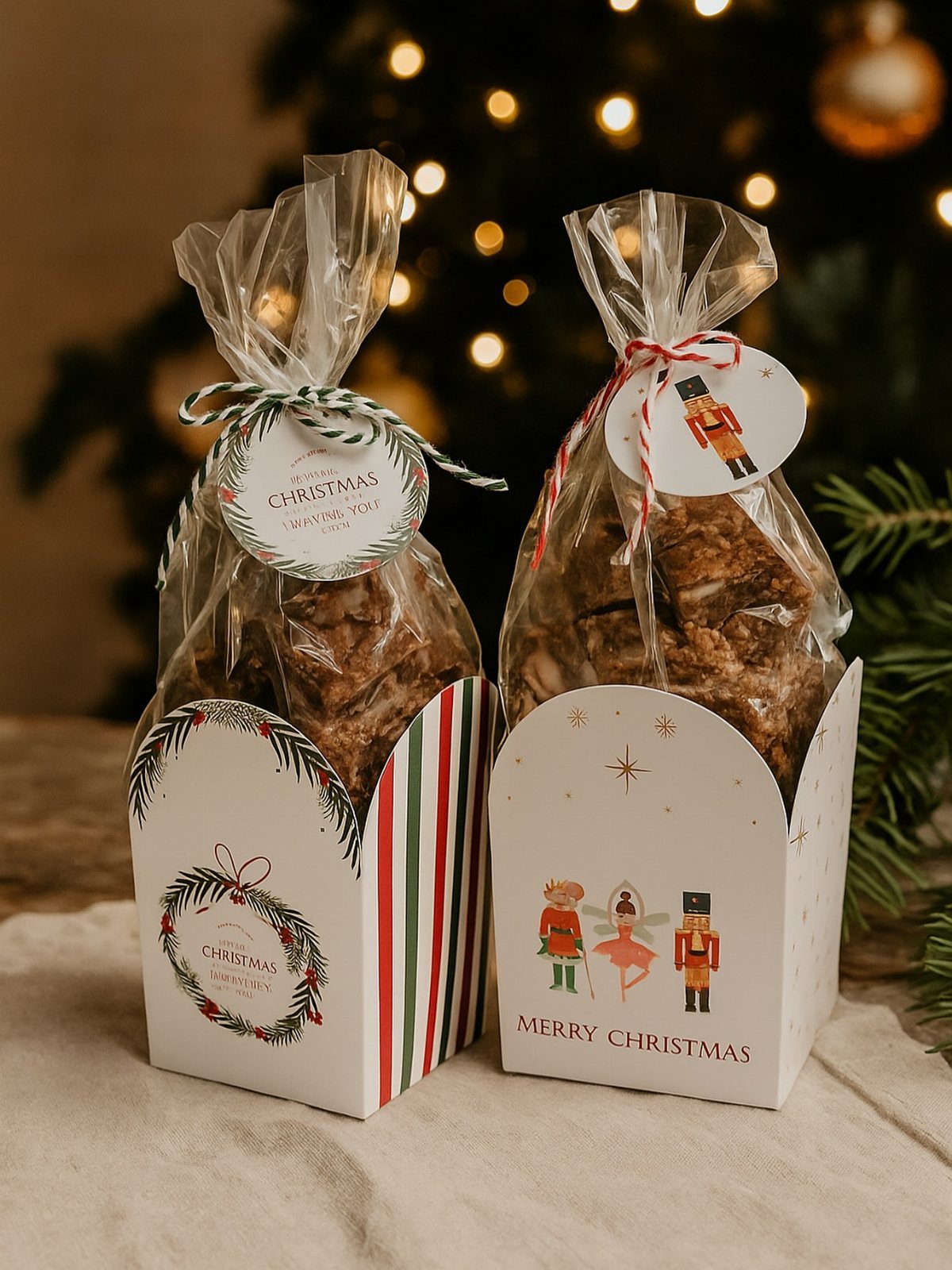 Two bags of Christmas cookies in decorative white holders with a blurred tree background.
