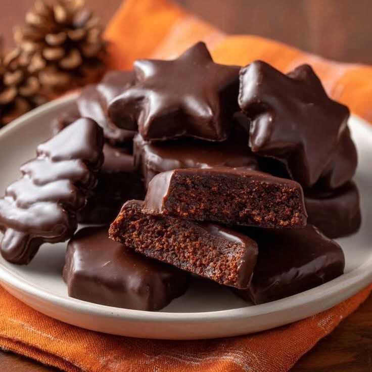 Chocolate covered holiday cookies in star and tree shapes on a white plate.