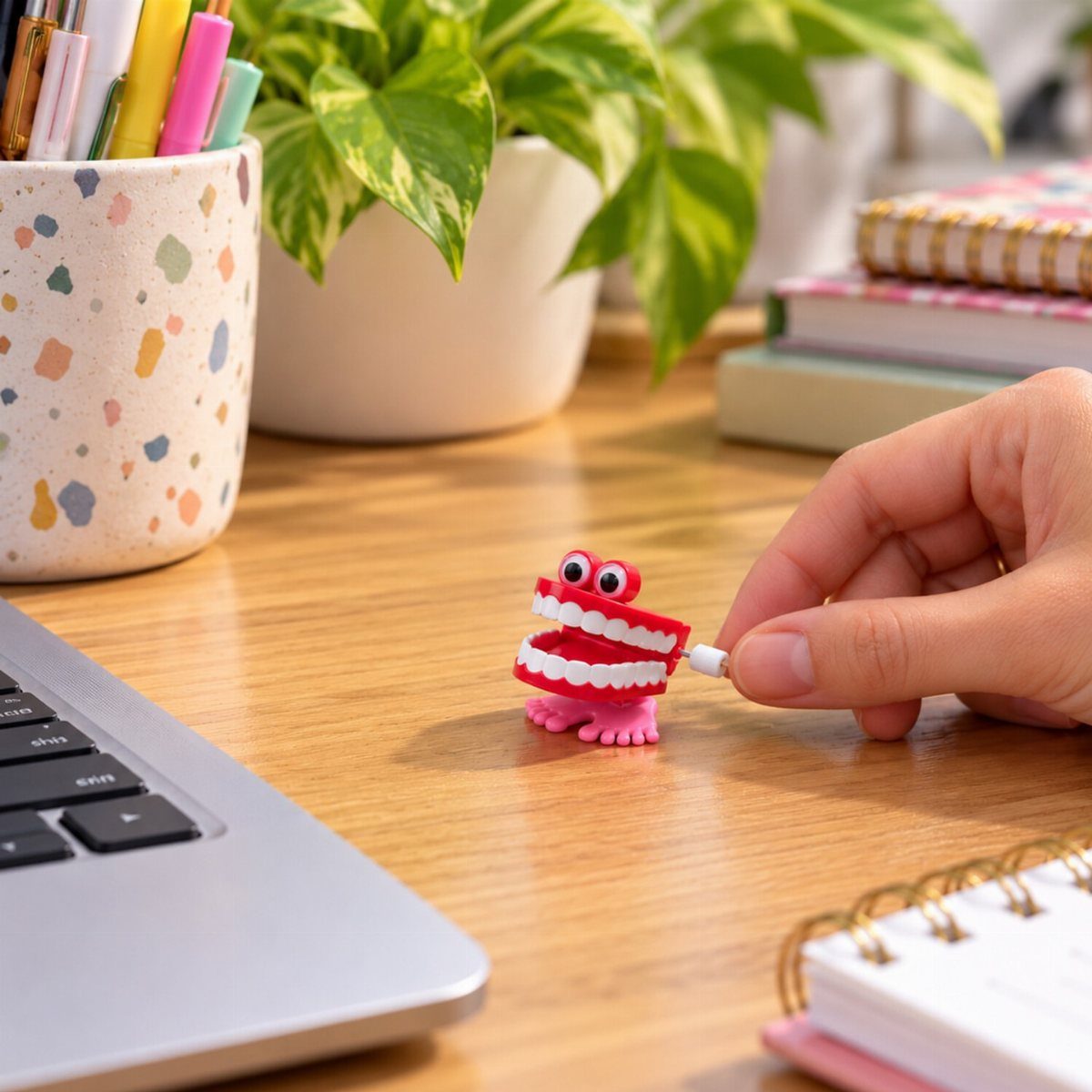 Red monster novelty eraser with large teeth on a wooden desk next to laptop