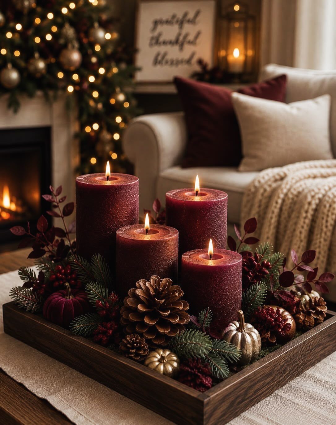Four lit burgundy candles in a wooden tray with pinecones and evergreen branches.