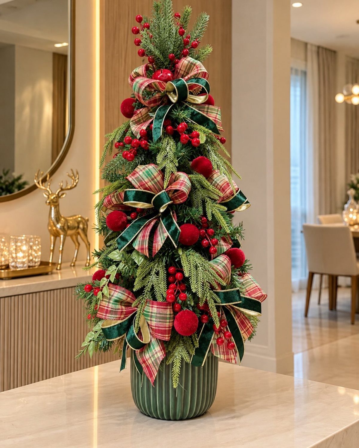Small decorated Christmas tree with red berries and plaid ribbons in green pot