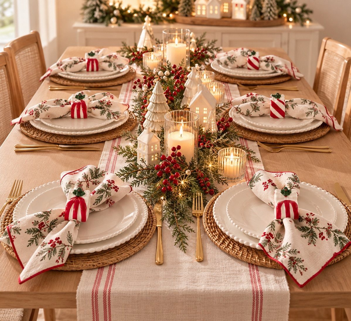 Christmas table setting with red and white striped napkin rings and festive greenery.