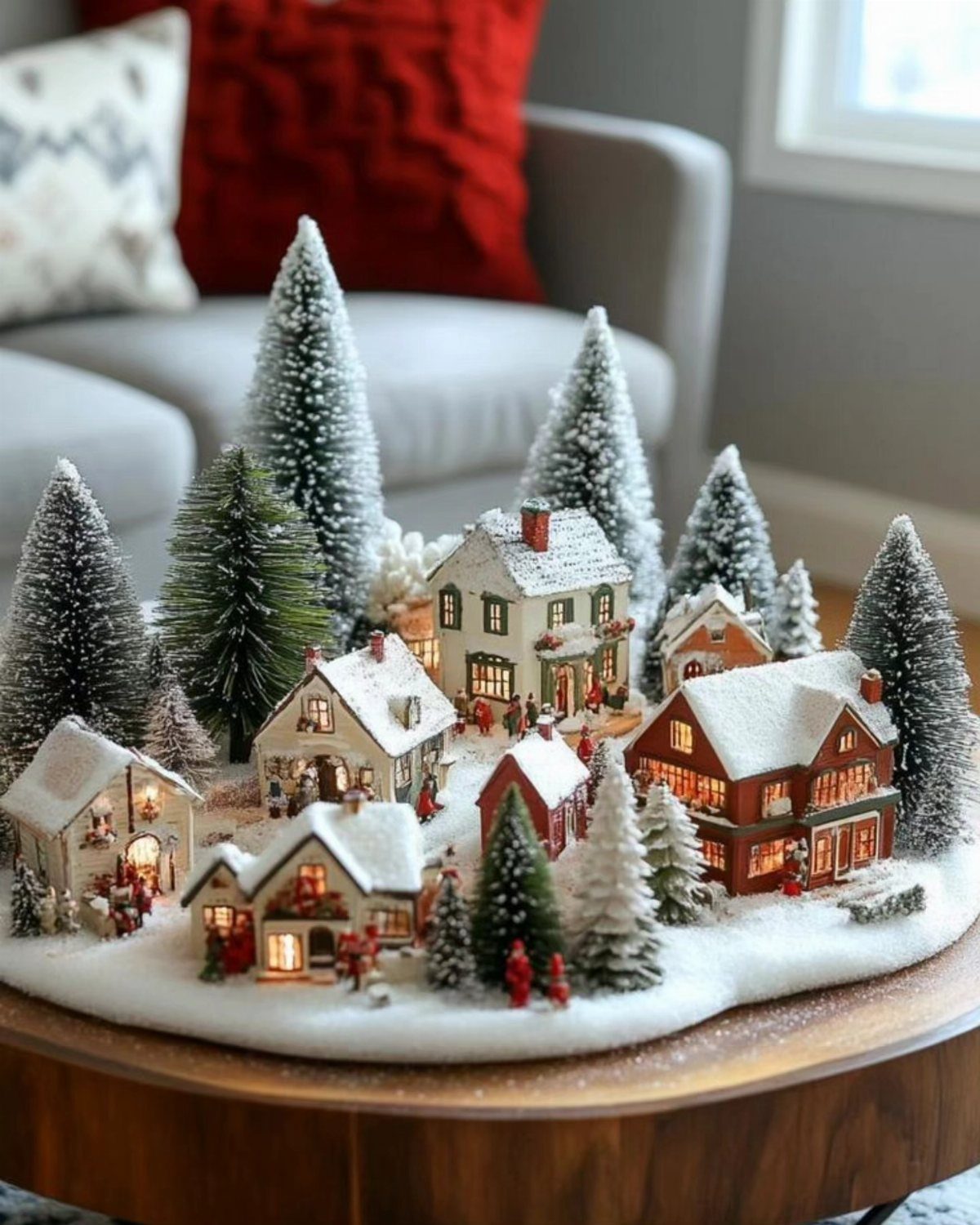 Miniature snowy Christmas village with lit houses and frosted trees on wooden table.