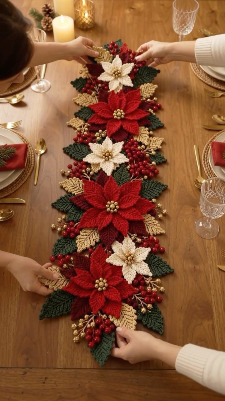 Crocheted poinsettia table runner with red and white flowers on a wooden table