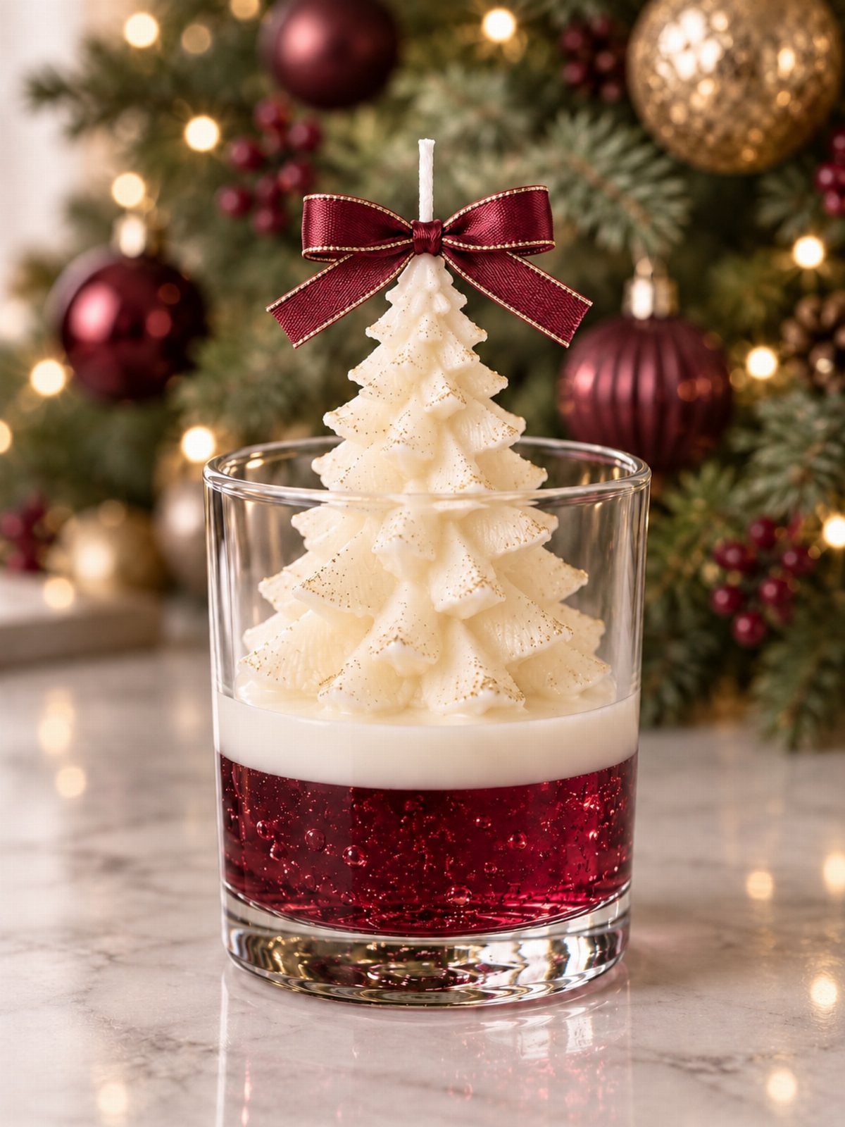 Tree-shaped white candle with a burgundy bow in a red wax glass holder.