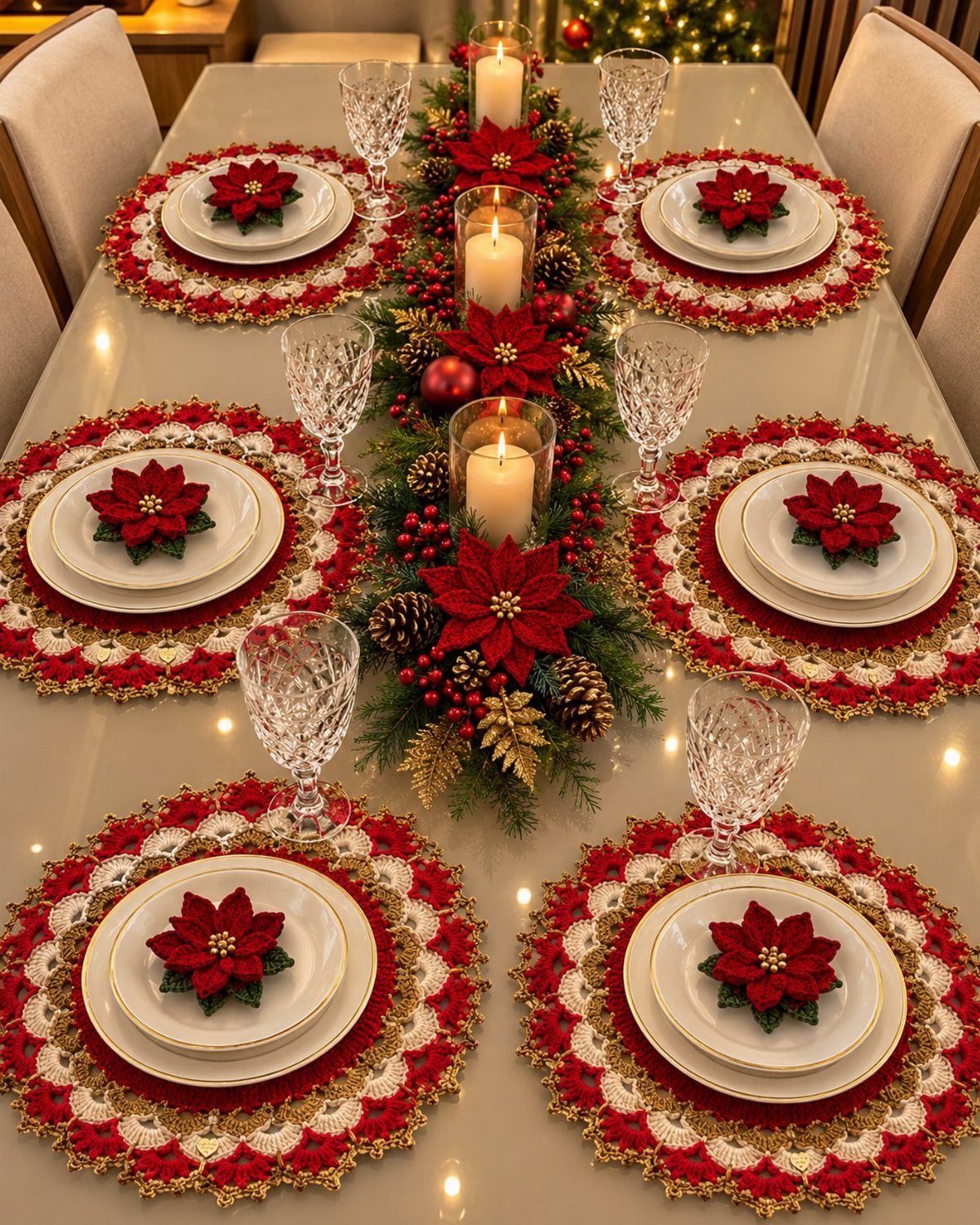 Christmas table setting with layered red lace placemats, white plates, and evergreen centerpiece.