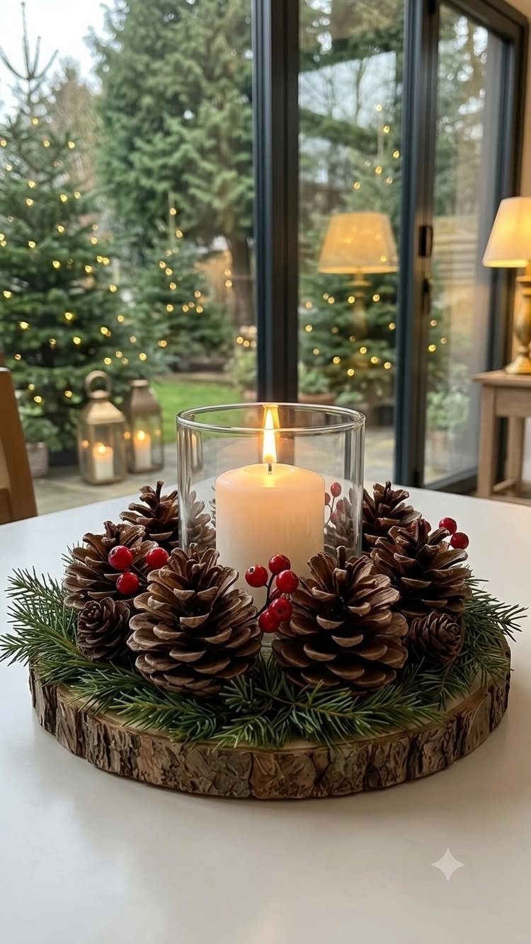 Festive centerpiece with a lit candle, pine cones, and red berries on wood.