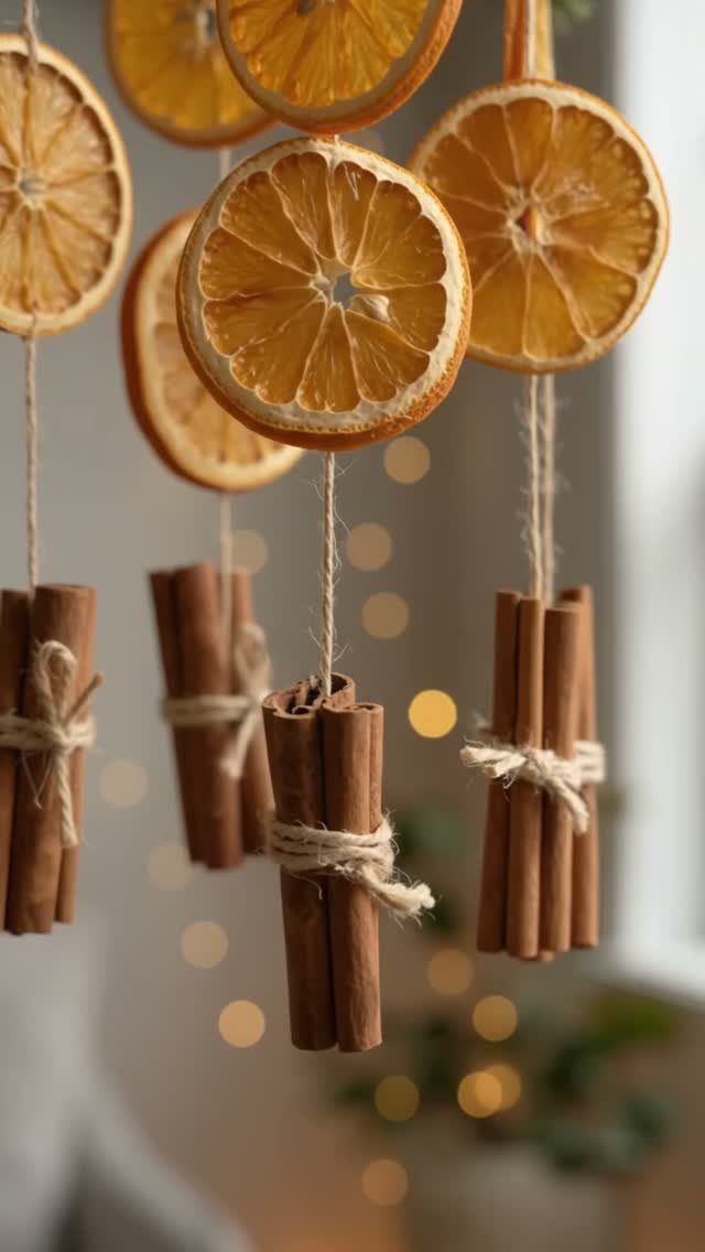 Dried orange slices and cinnamon sticks hanging as rustic Christmas ornaments with twine.