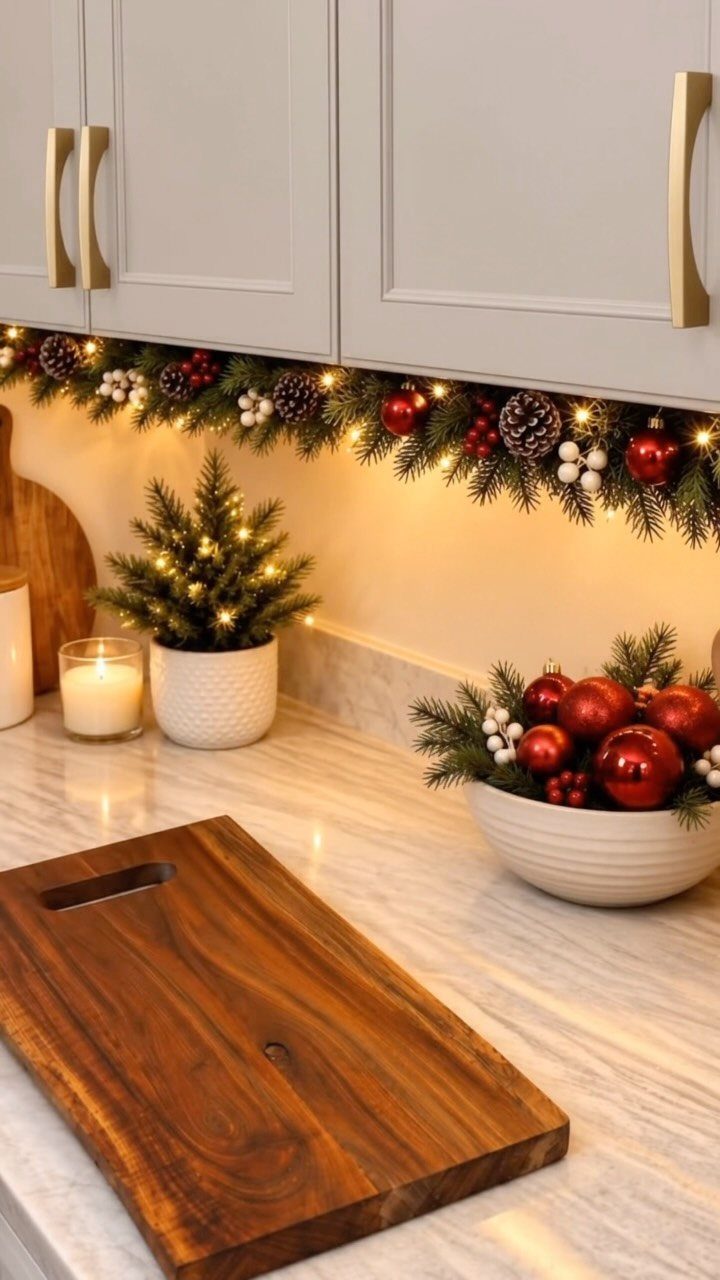Kitchen counter decorated with evergreen garlands, a small potted tree, and red baubles.