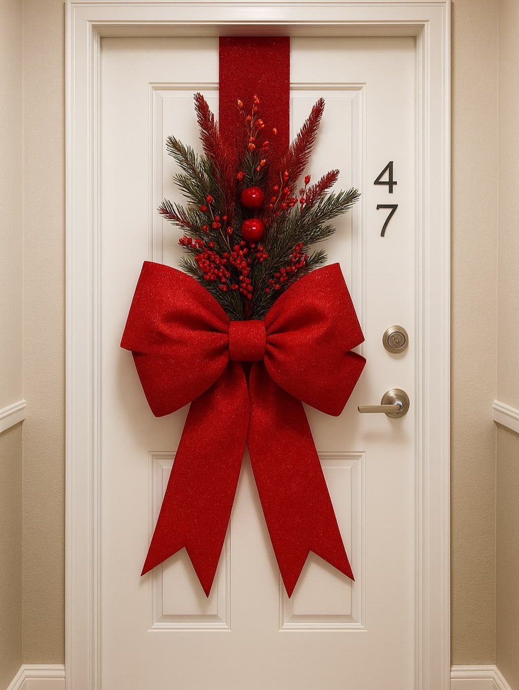 Red bow and evergreen arrangement decorating a white front door with house number 47