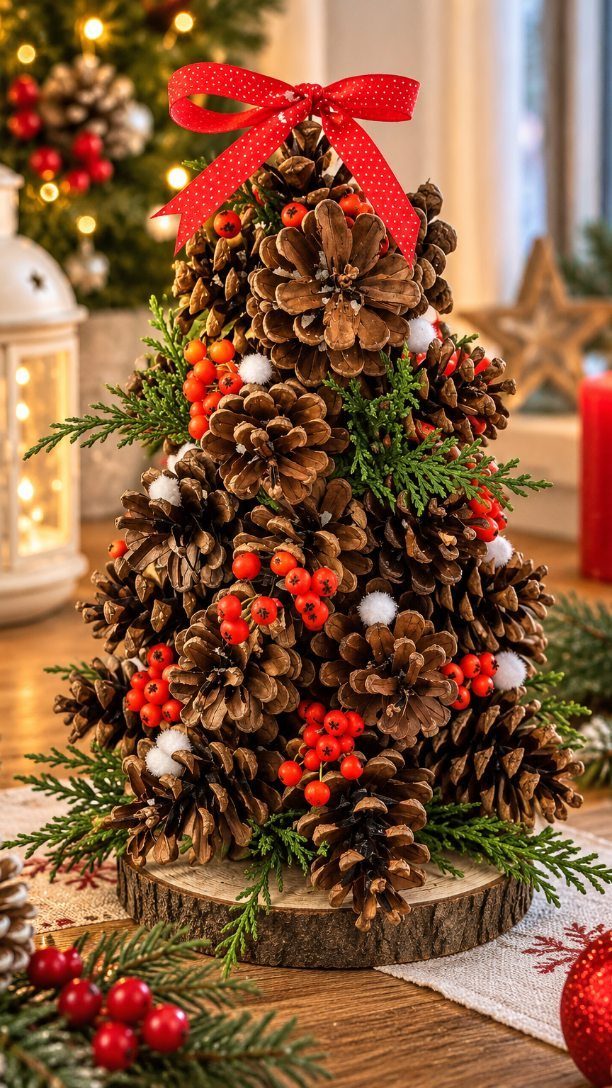 Pinecone Christmas tree decorated with red berries and a red polka-dot bow.
