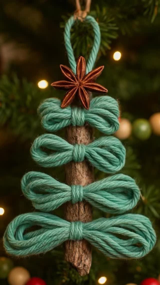 Teal yarn wrapped around a wooden twig to form a Christmas tree ornament.