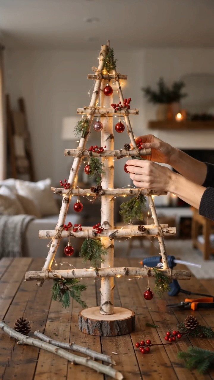 Birch log Christmas tree decorated with red ornaments and berries on wooden table