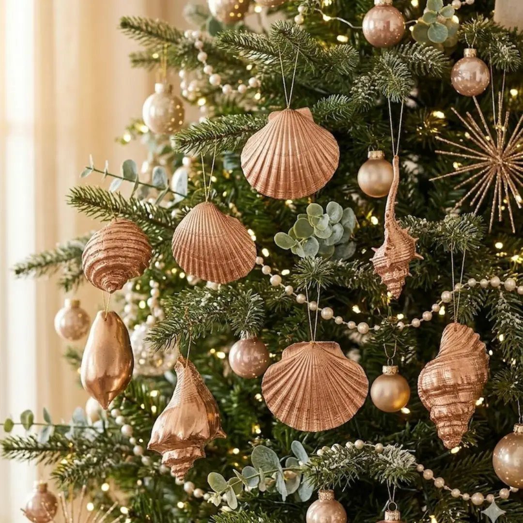 Christmas tree decorated with rose gold seashell ornaments, pearl garlands, and gold baubles.