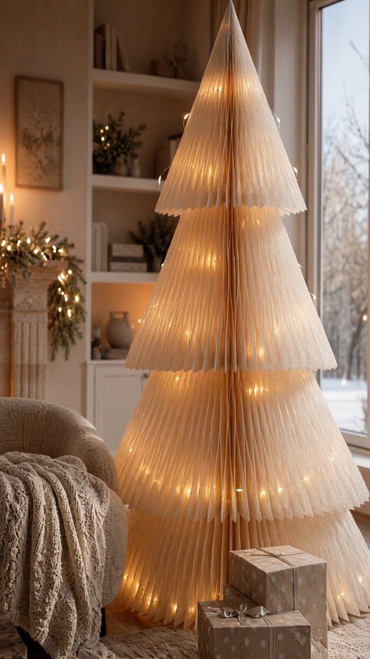 Pleated white paper Christmas tree glowing with warm lights in a cozy room.