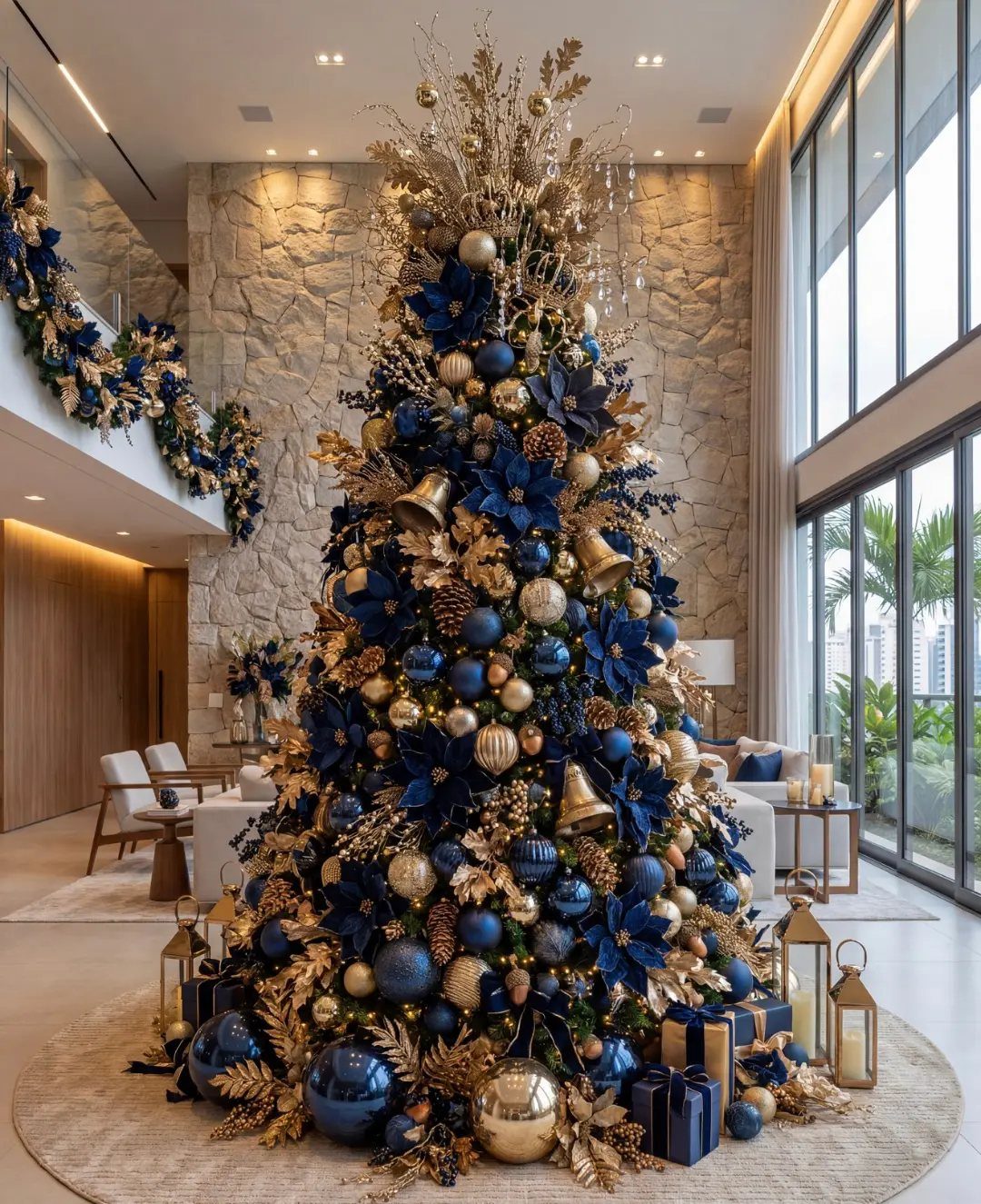 Lavish Christmas tree decorated with navy blue and gold ornaments in a modern room