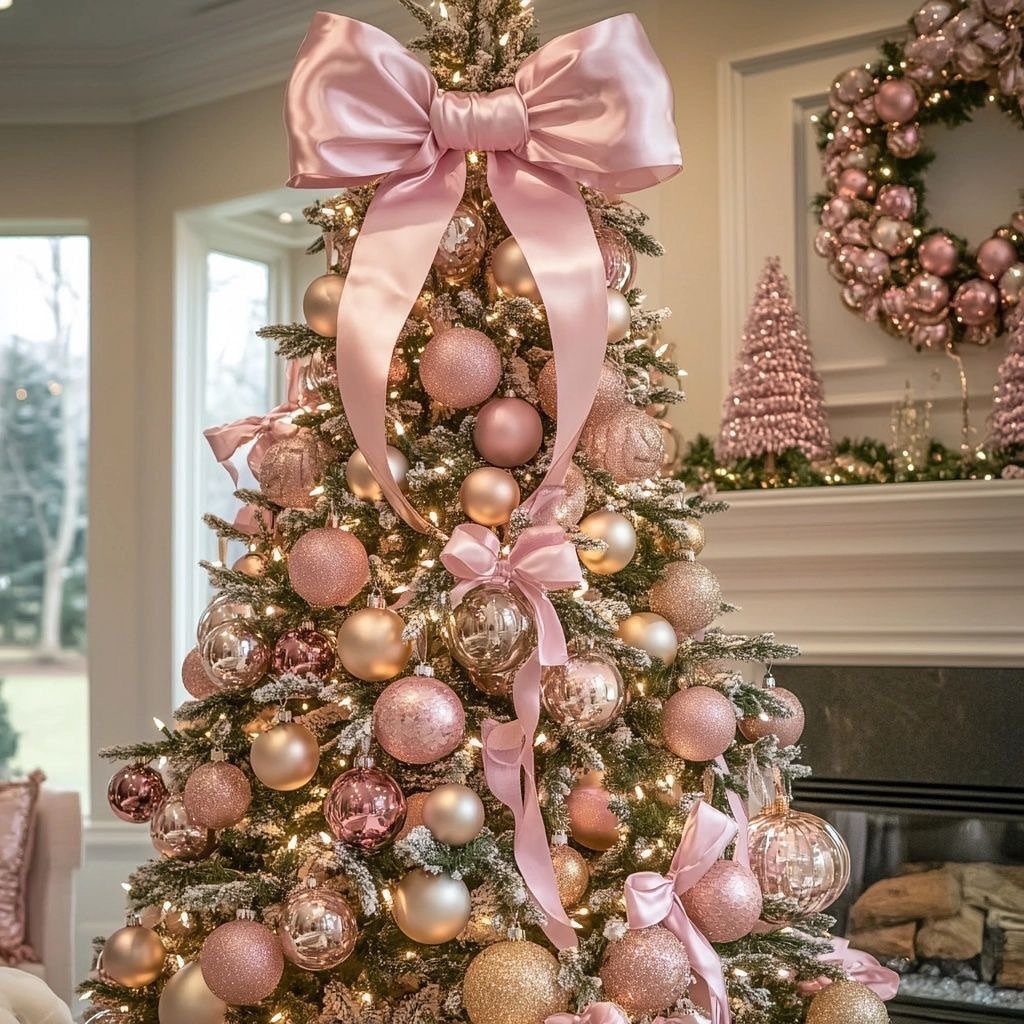 Flocked Christmas tree decorated with pink ornaments, large satin bows, and warm lights.