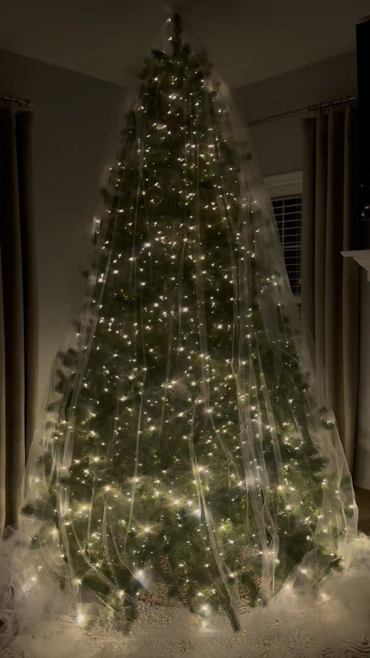Christmas tree with warm white lights draped in sheer white fabric in a room