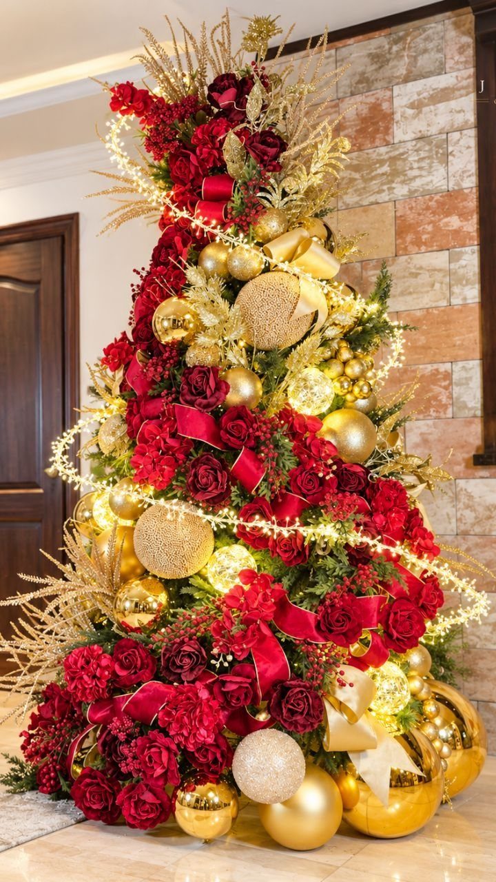 Christmas tree decorated with red roses, gold baubles, and red ribbons with fairy lights.