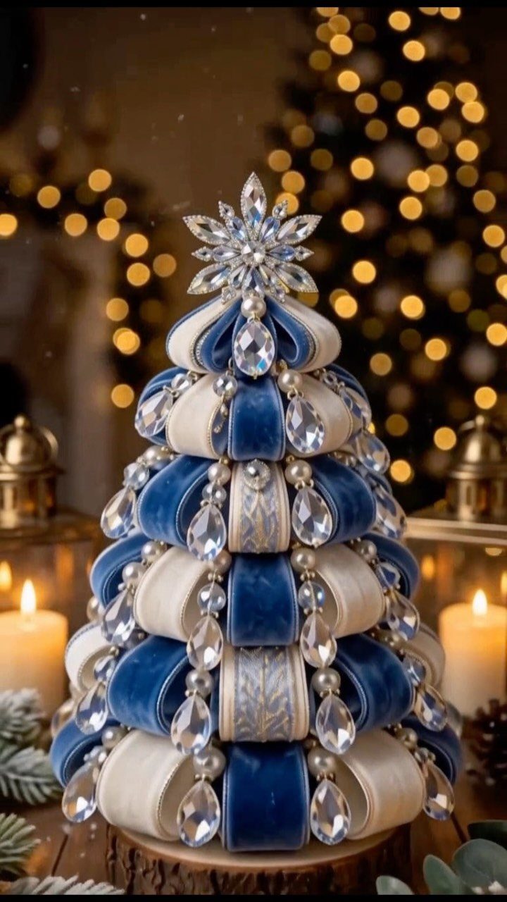 Stylized Christmas tree made of blue and cream velvet ribbons with crystal ornaments