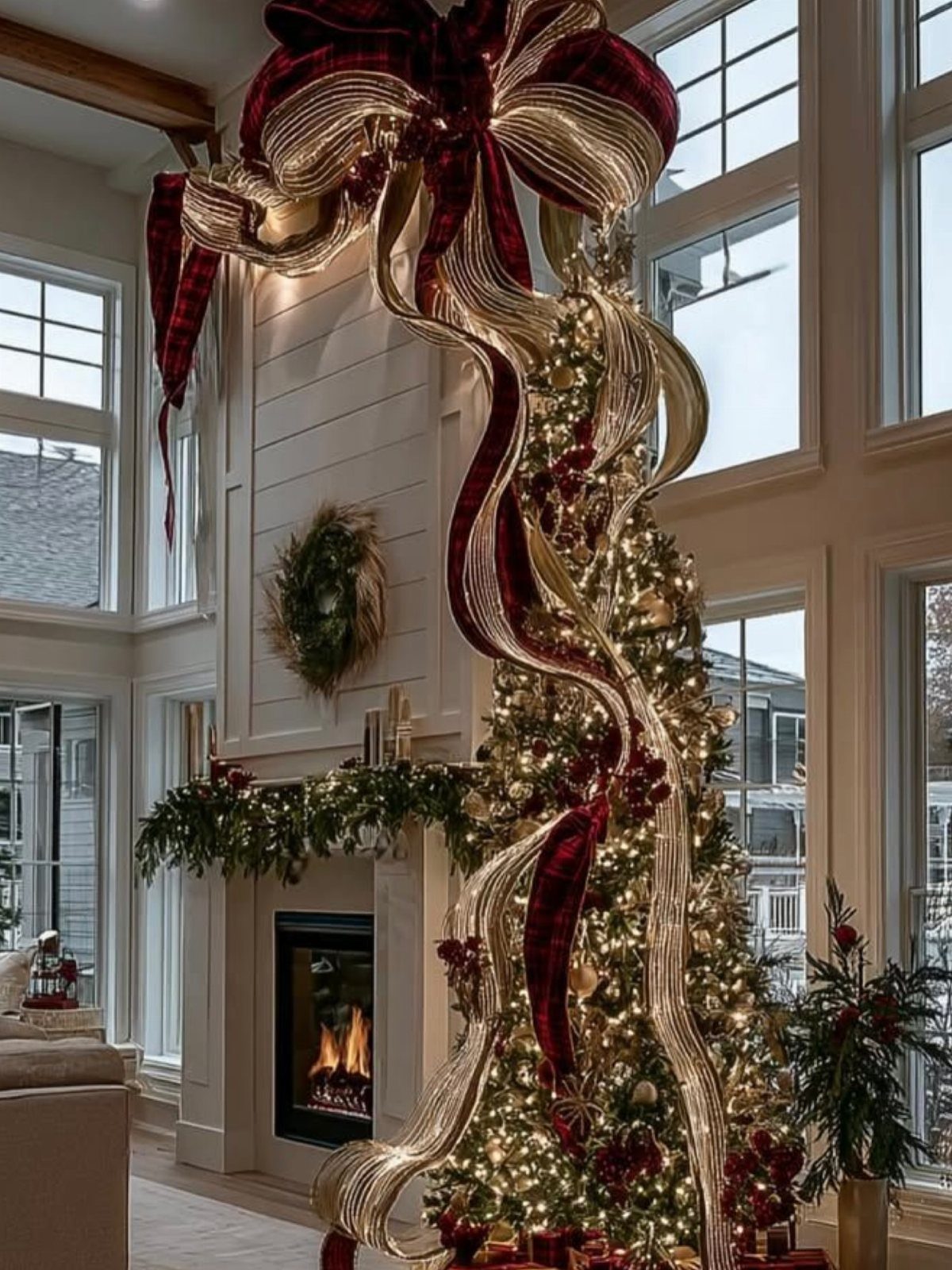 Christmas tree decorated with wide burgundy and gold ribbons flowing vertically from top to bottom