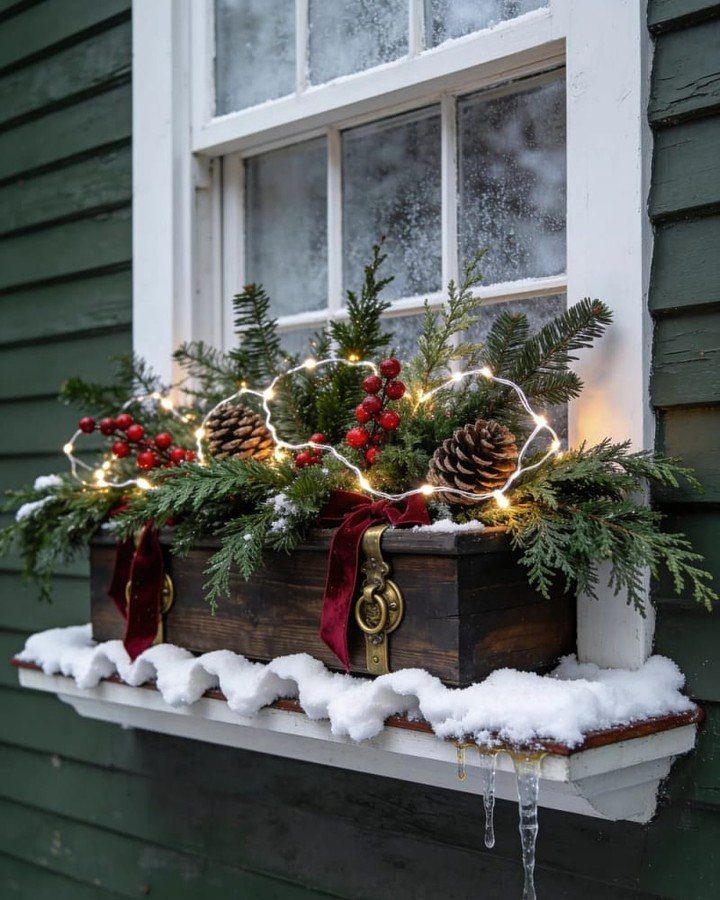 Evergreen branches with red berries and fairy lights in a snowy window box.