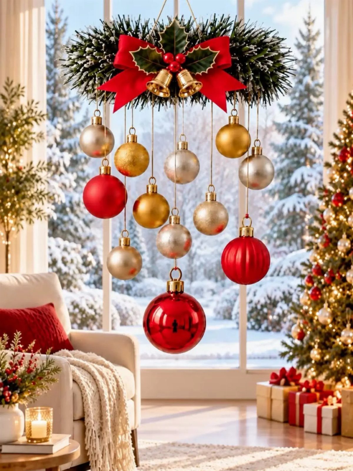 Hanging red, gold, and silver bauble ornaments suspended from a festive Christmas wreath.