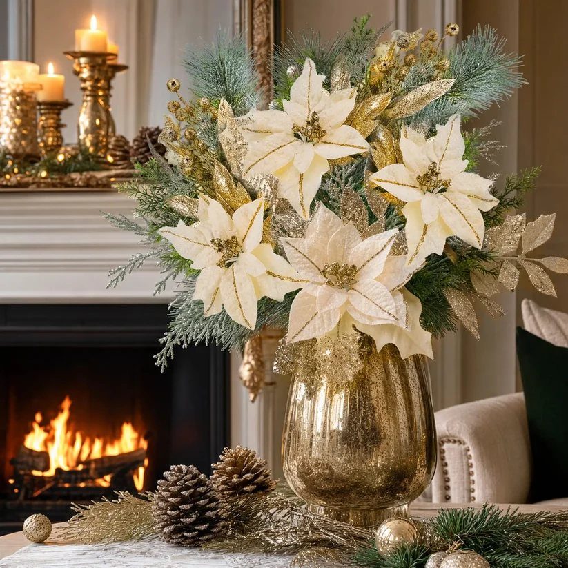 Cream poinsettias and evergreen foliage in a gold vase before a lit fireplace