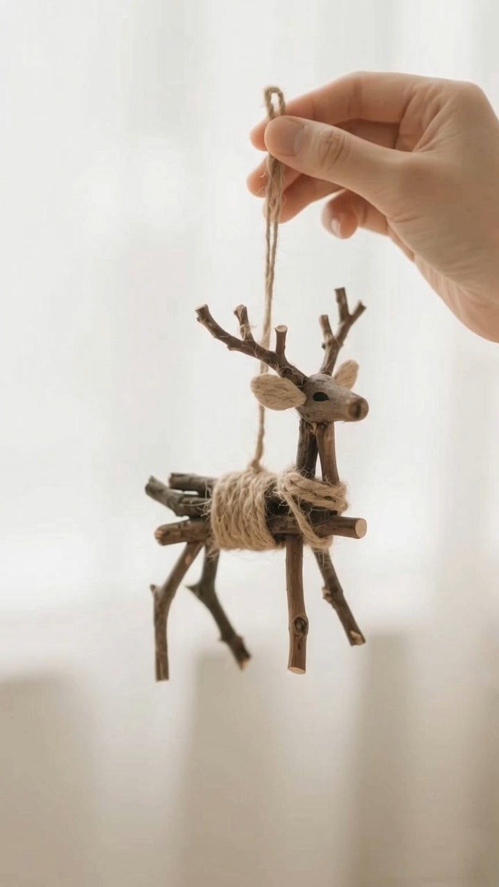 Handmade reindeer ornament made of twigs and twine held against a white background
