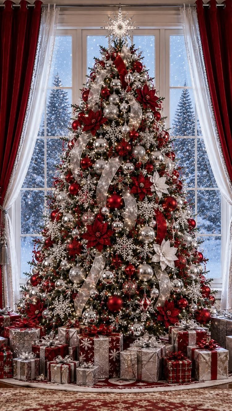 Decorated Christmas tree with red and silver ornaments and gifts beneath red curtains.