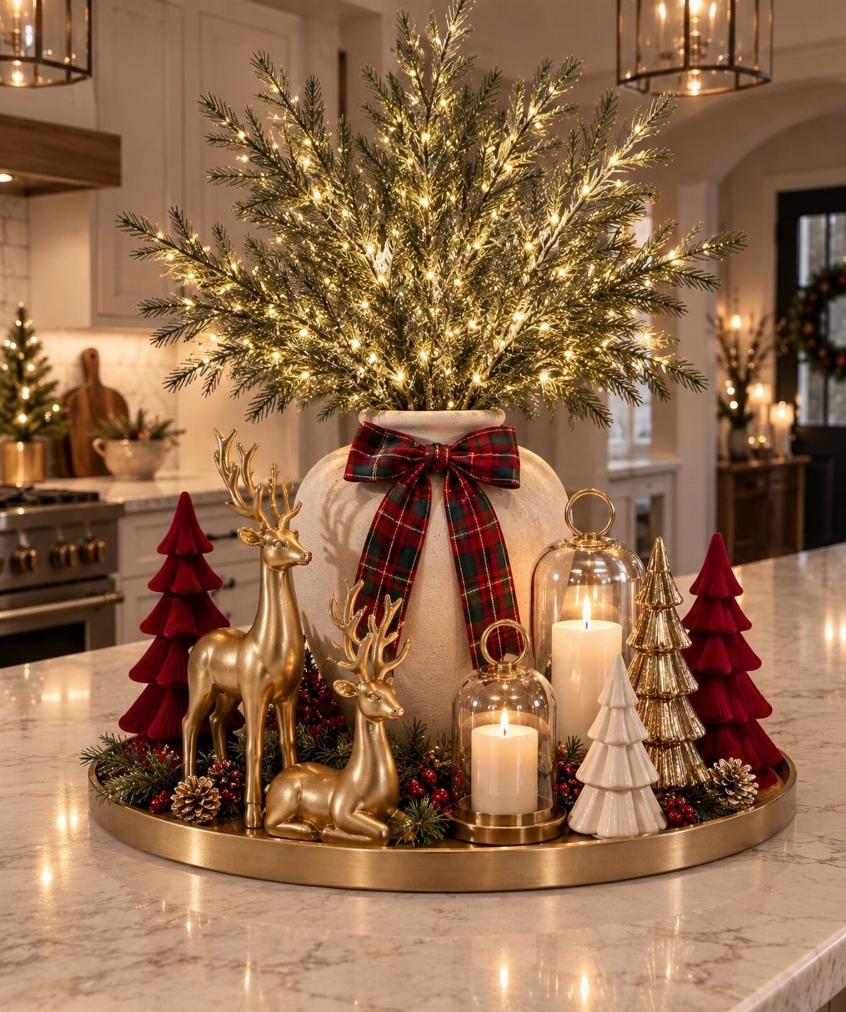 Christmas centerpiece with gold reindeer, lit pine branches, and candles on a gold tray.