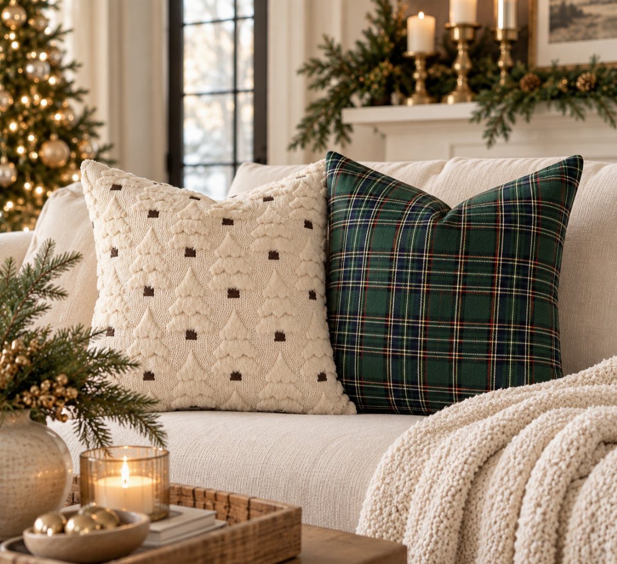 Festive cream and green plaid pillows on a white sofa with a knit blanket.