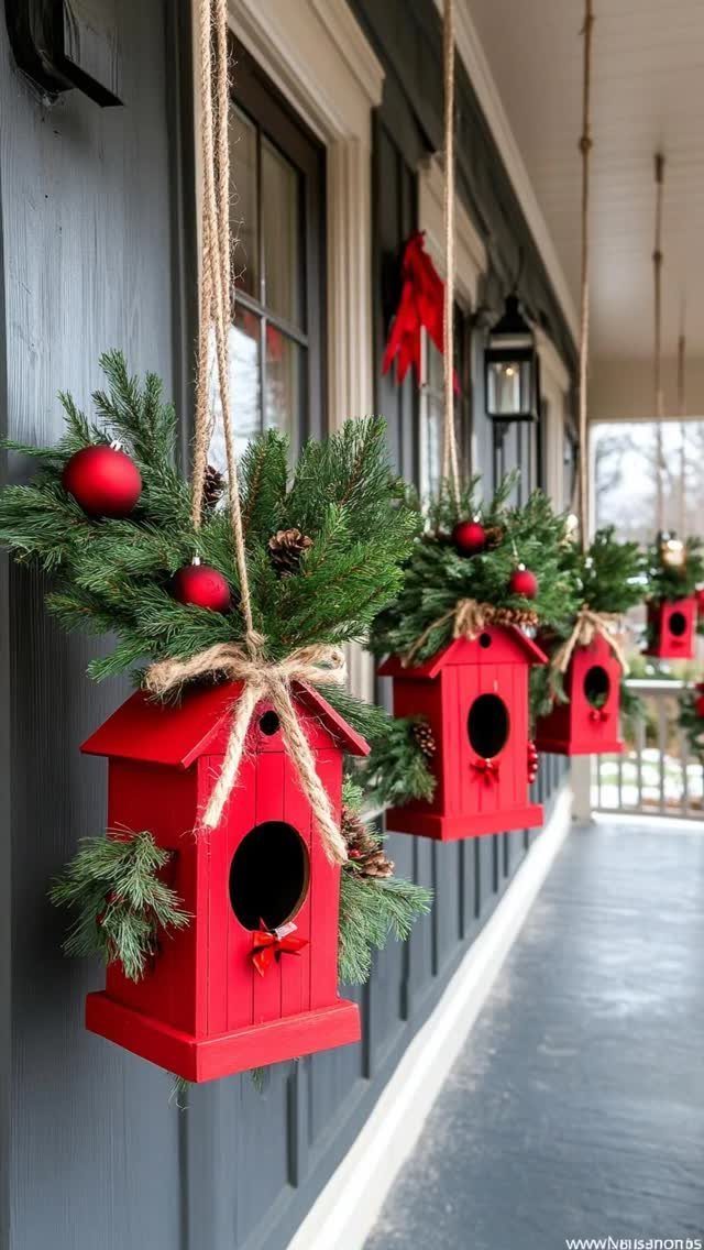 Red wooden birdhouses with pine branches and red ornaments hanging on a porch.