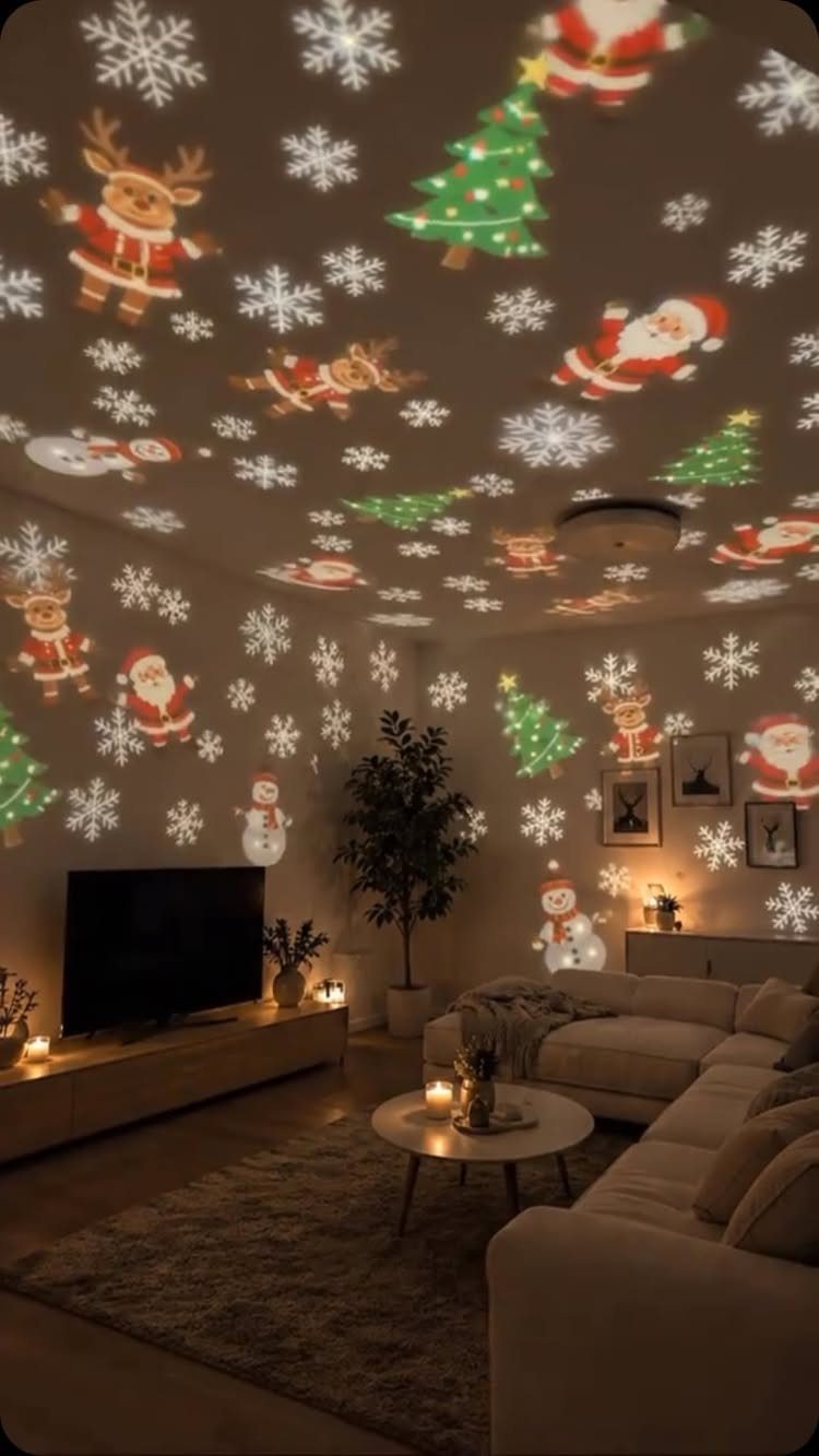 Living room with Christmas-themed projections of Santa and snowflakes on the walls and ceiling