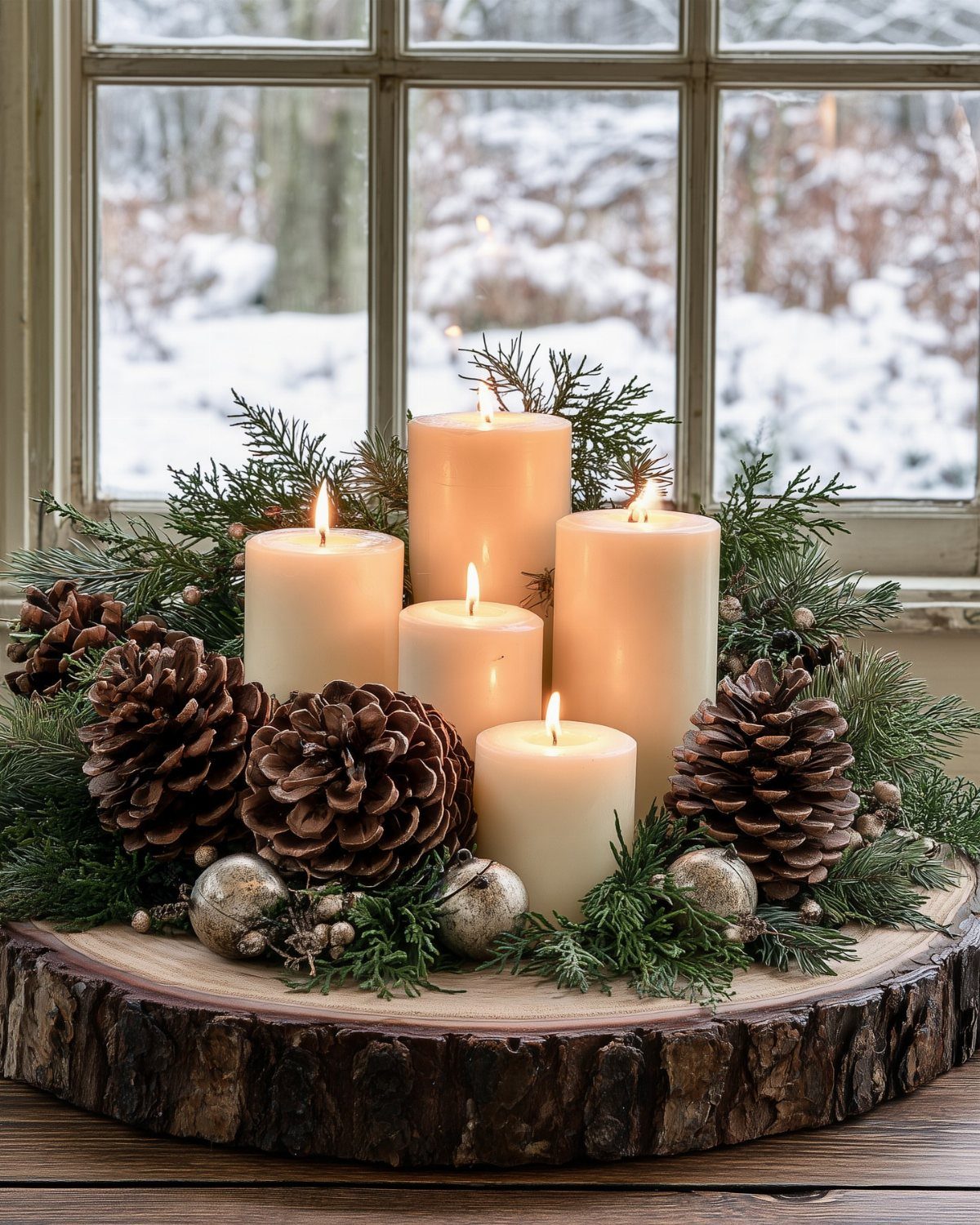 White pillar candles and pinecones on a wooden slice with snowy window background