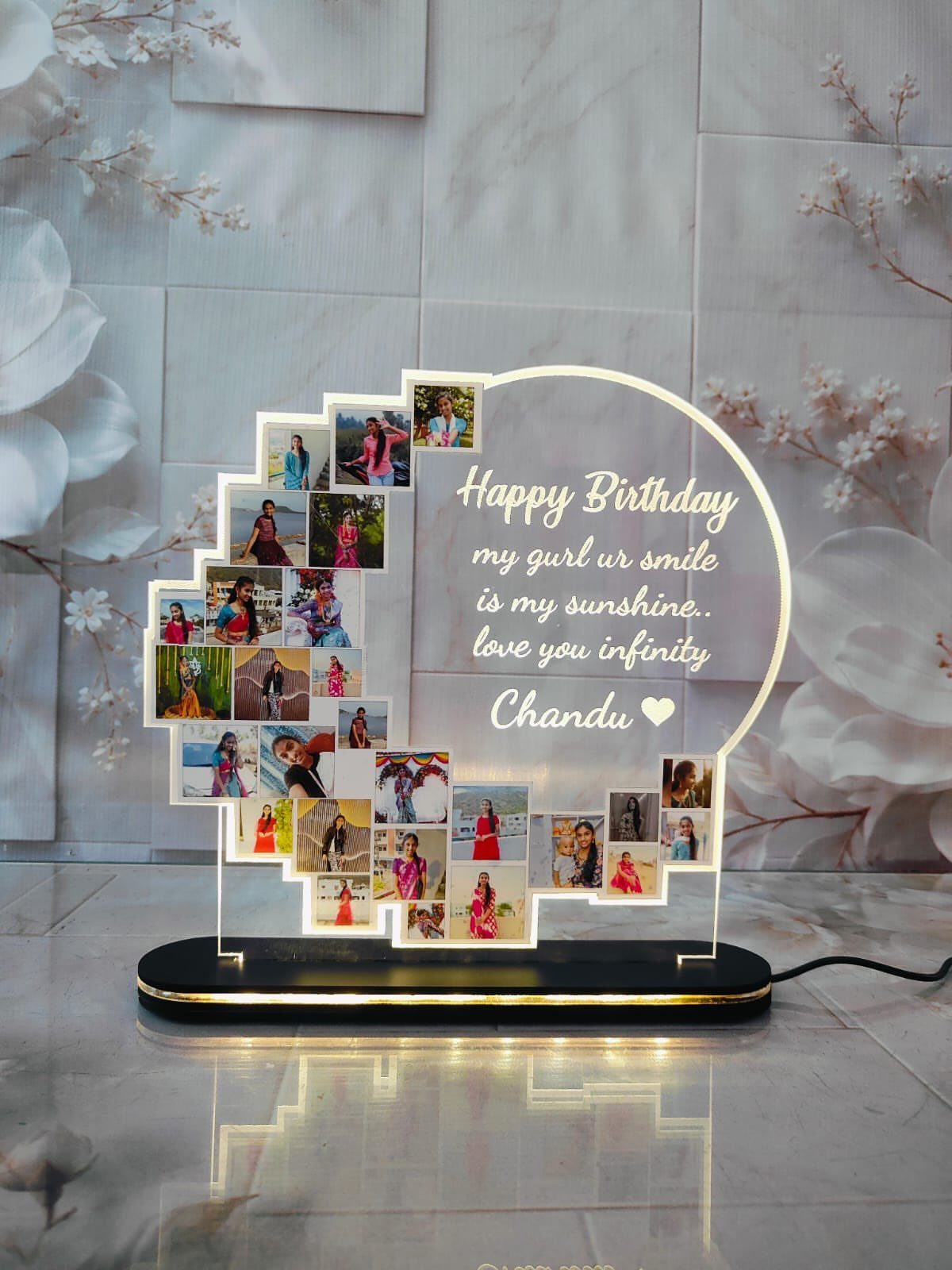 Acrylic birthday plaque with photo collage and engraved message on LED base