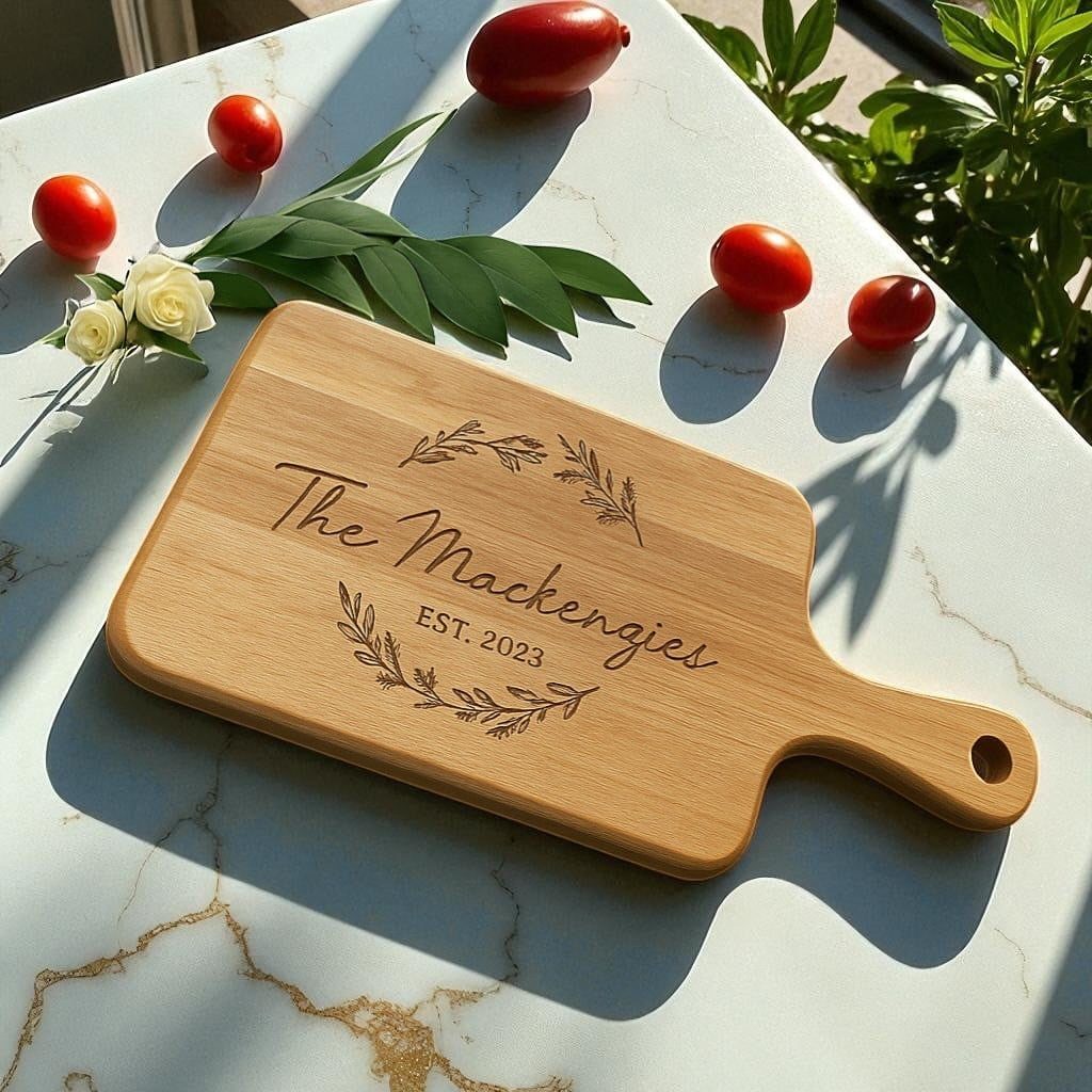 Engraved wooden cutting board with family name on a marble surface with tomatoes.