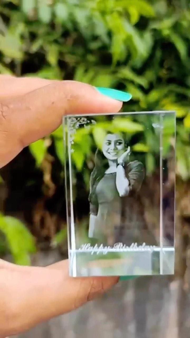 Acrylic block with laser-engraved portrait of a woman and Happy Birthday text