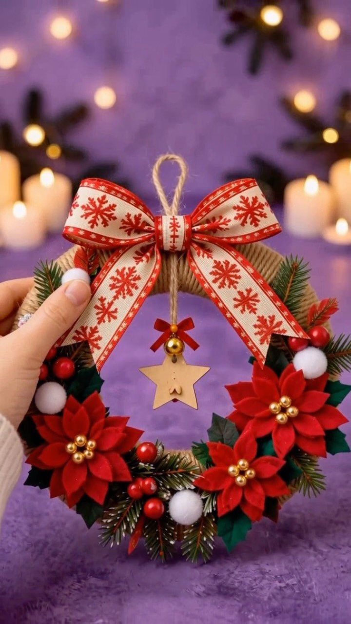 Small Christmas wreath with red poinsettias and a snowflake bow held by a hand.